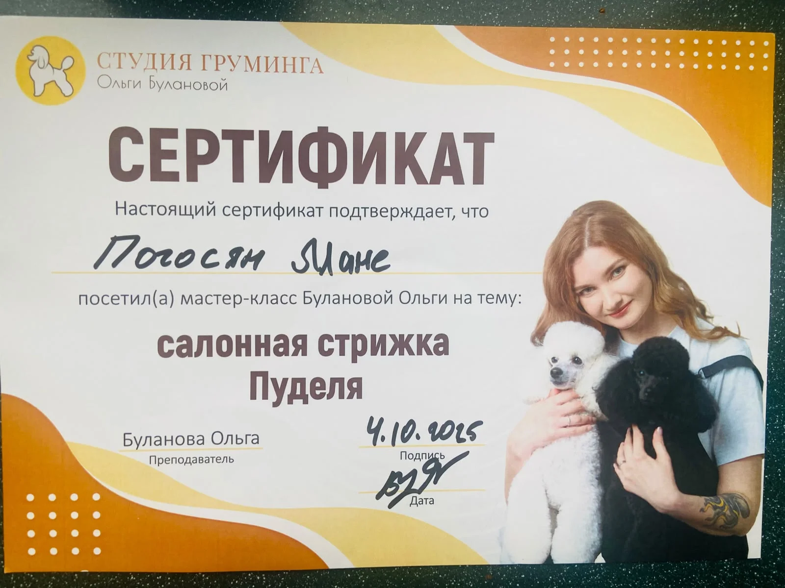Диплом за достижения в сфере профессионального ухода за животными
